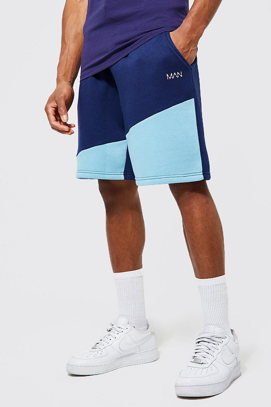 Navy Oversized Man Colour Block Jersey Shorts image number 1