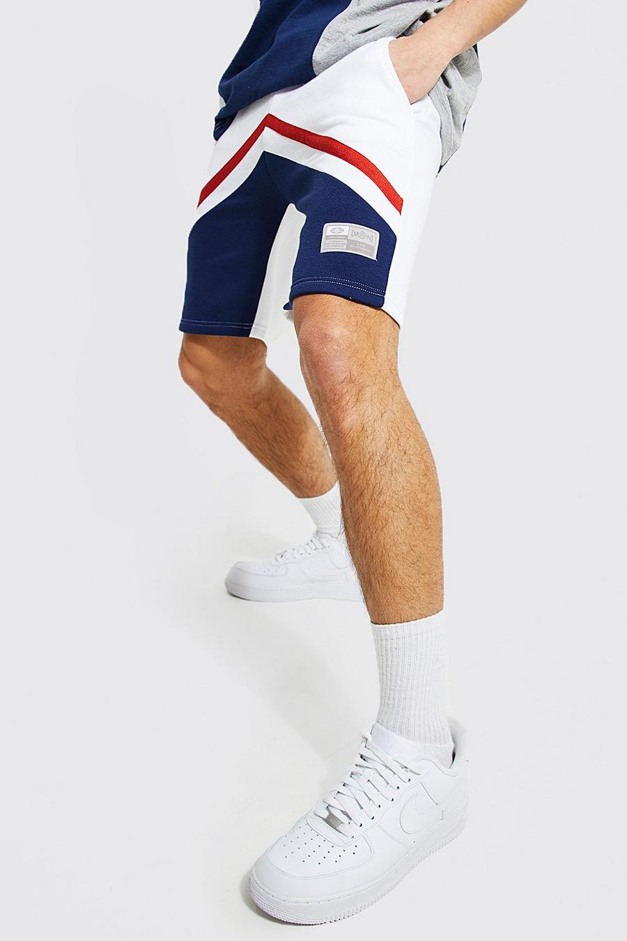 White Slim Mid Length Colour Block Jersey Shorts