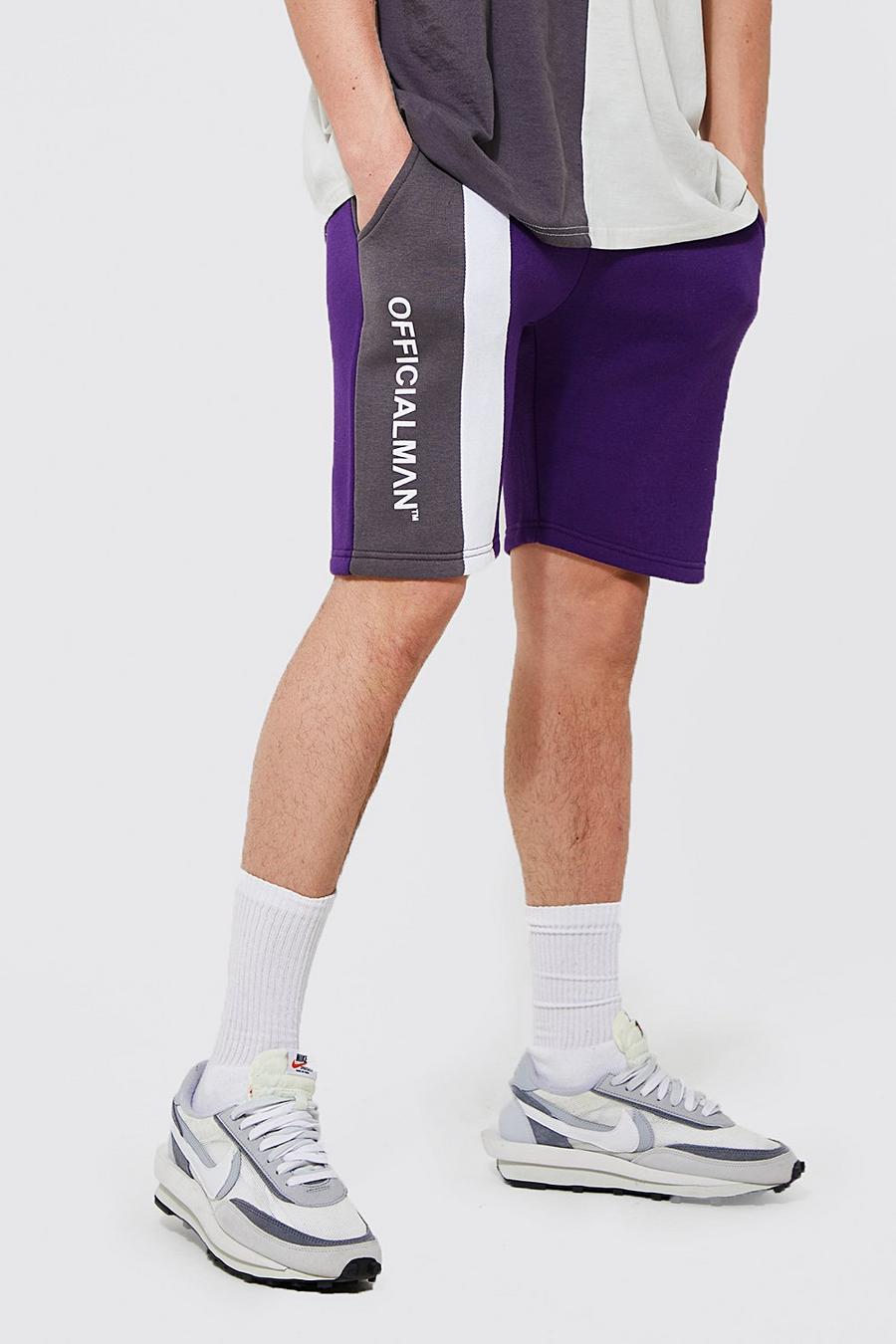 Pantaloncini Official Slim Fit in jersey a blocchi di colore, Purple morado