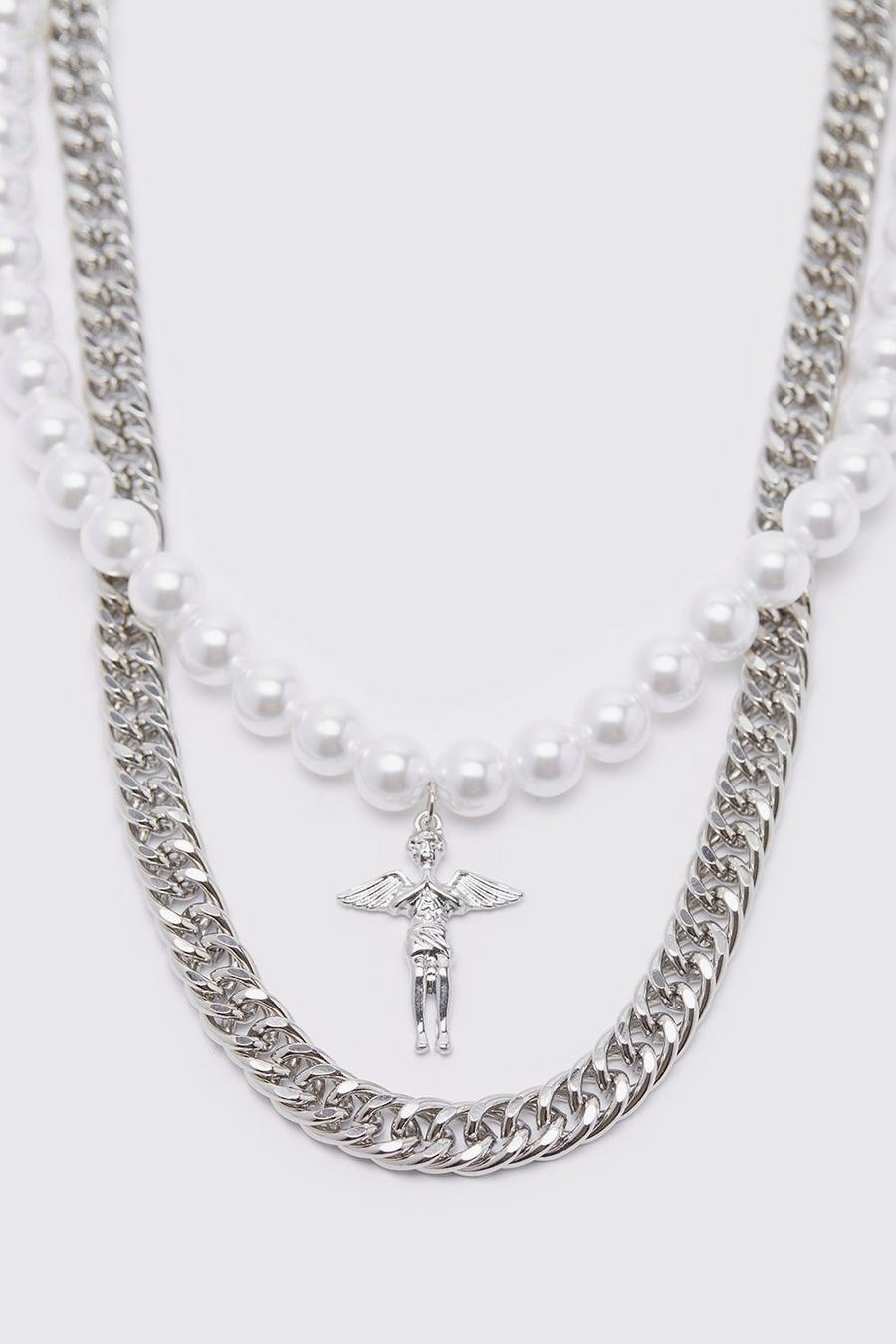 Collar grueso de cadena con perlas, Silver image number 1
