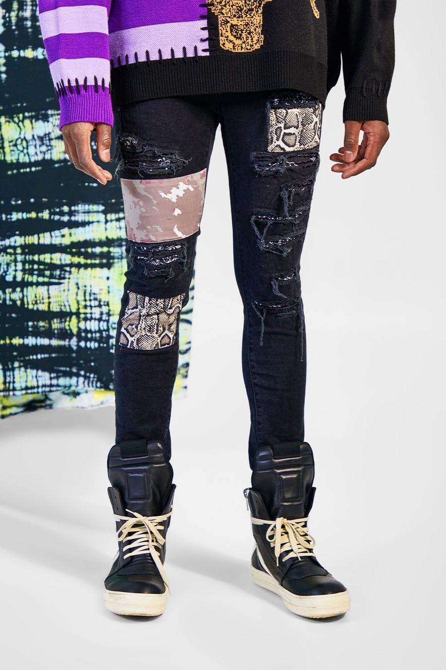 Washed black Skinny Stretch Rip & Repair Patchwork Jeans 