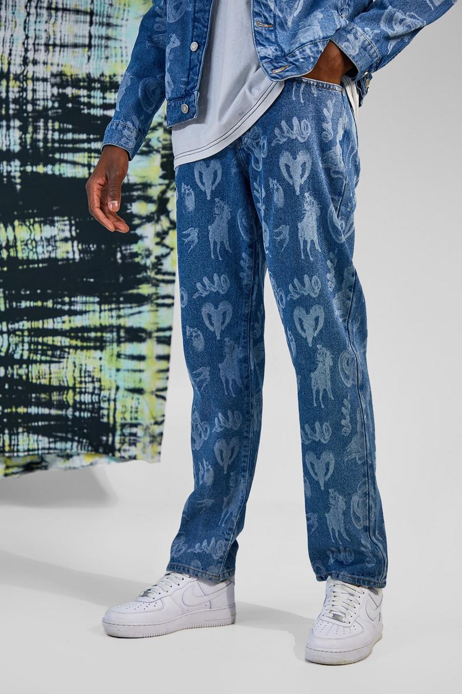 Light blue bleu Relaxed Fit Print Jeans With Snake Detail image number 1