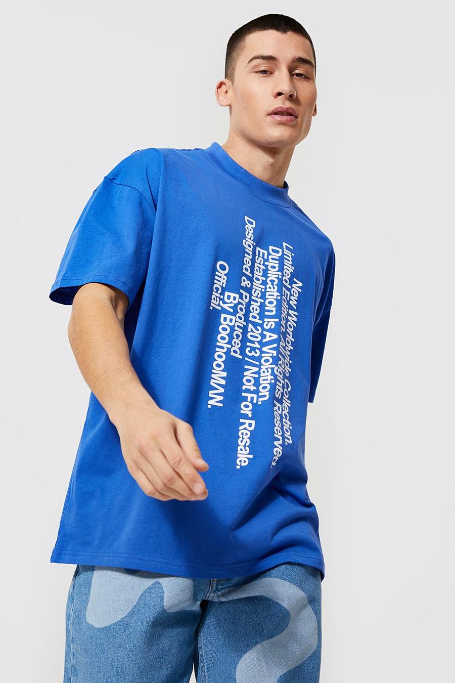 Cobalt blue Oversized Extended Neck Man Text Print Tshirt