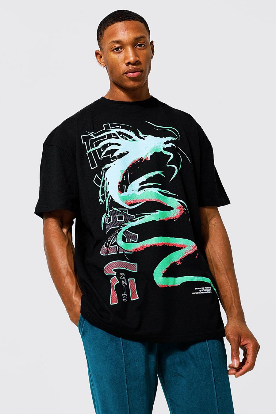 Camiseta oversize con estampado gráfico de dragón en la espalda, Black image number 1
