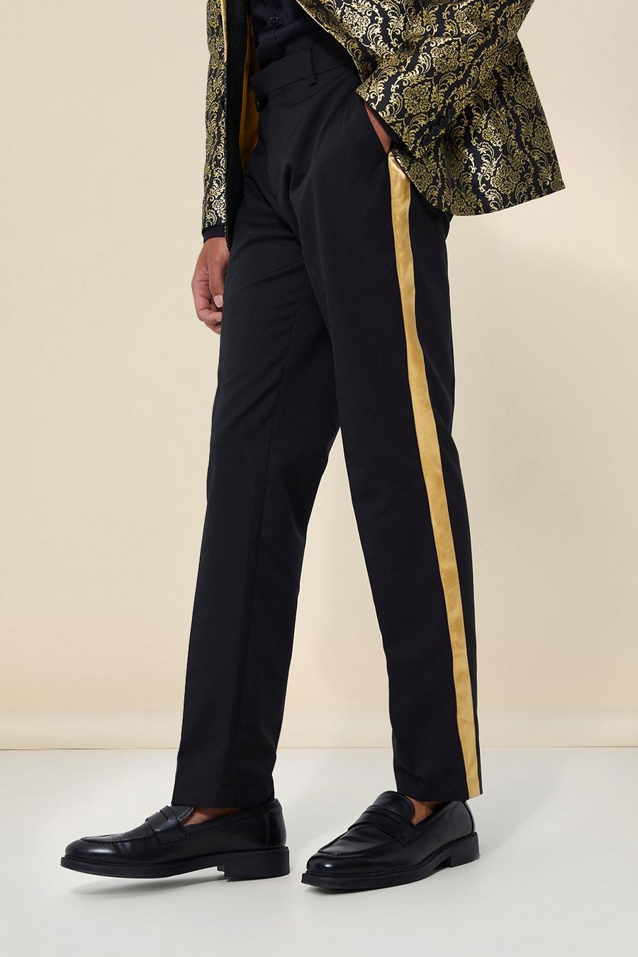 Pantalón de traje ajustado con cinta lateral, Gold metallic