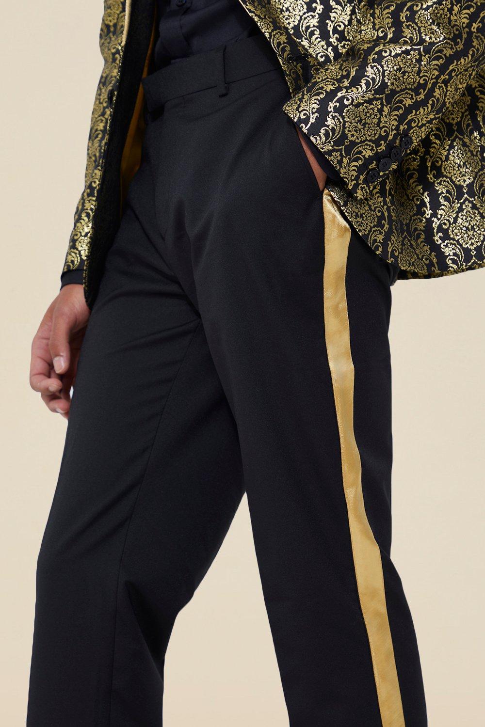 Mens black pants with gold stripe deals