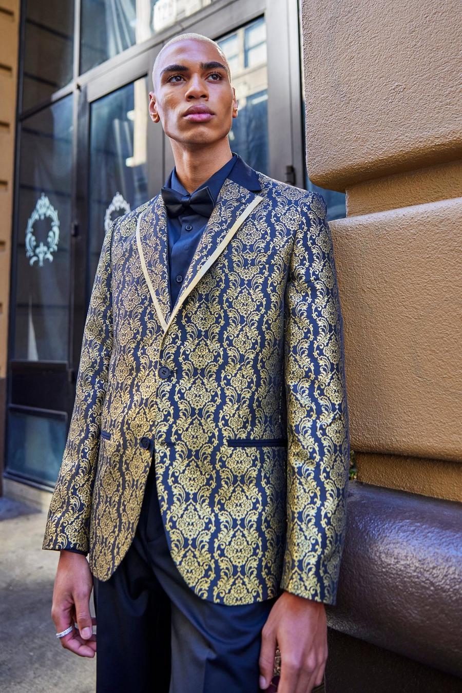 Gold metallic Single Breasted Slim Jacquard Suit Jacket