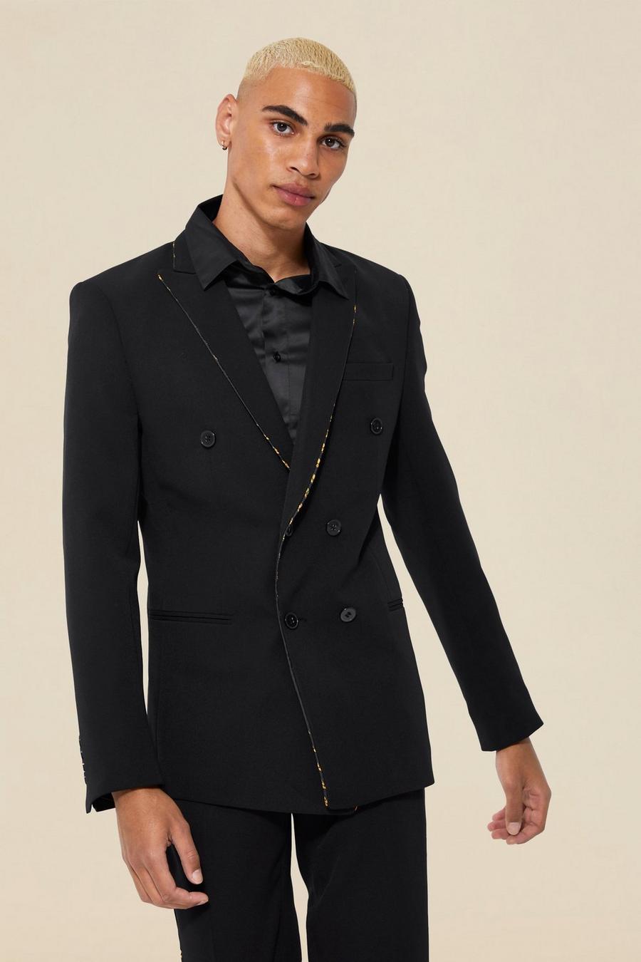 Black Double Breasted Skinny Piped Suit Jacket image number 1