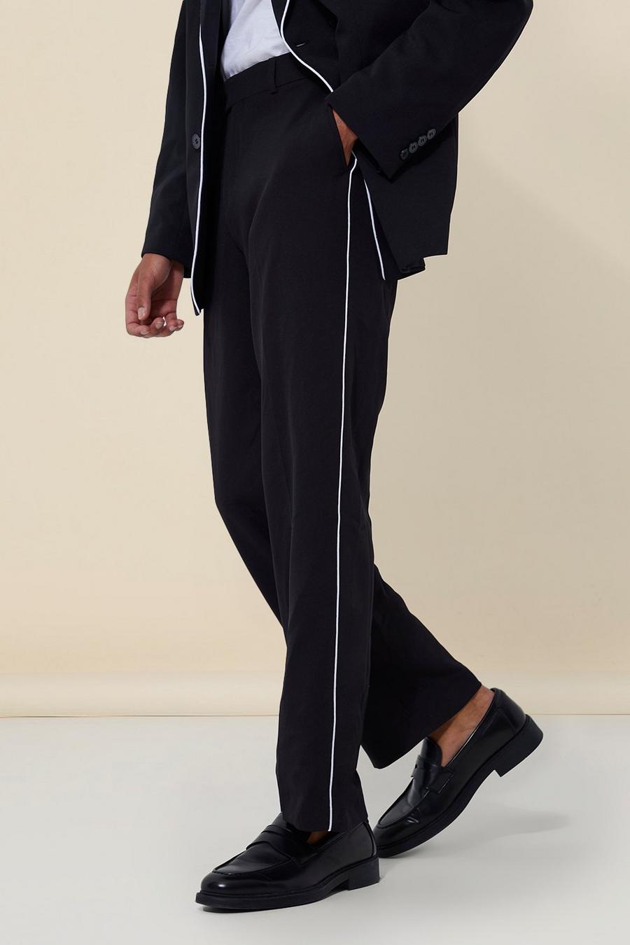 Black Relaxed Piping Suit Trousers image number 1