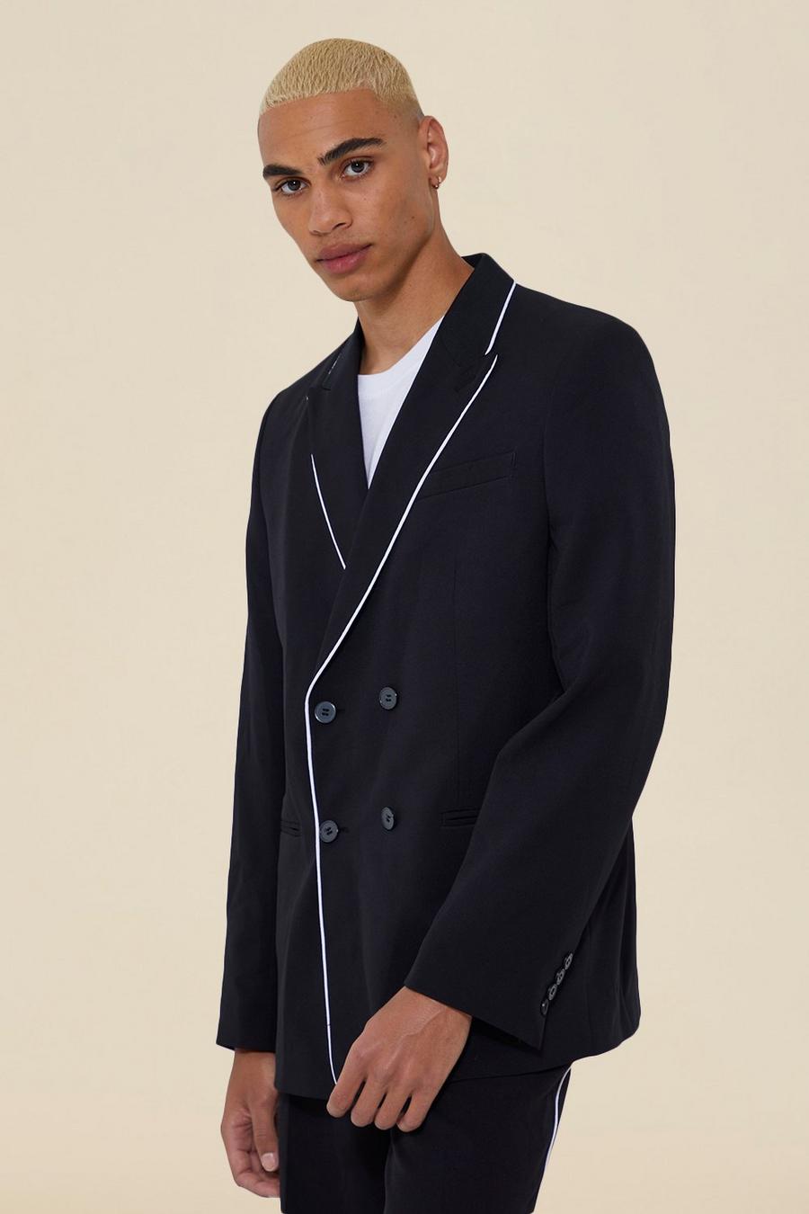 Black Double Breasted Relaxed Piping Suit Jacket  image number 1