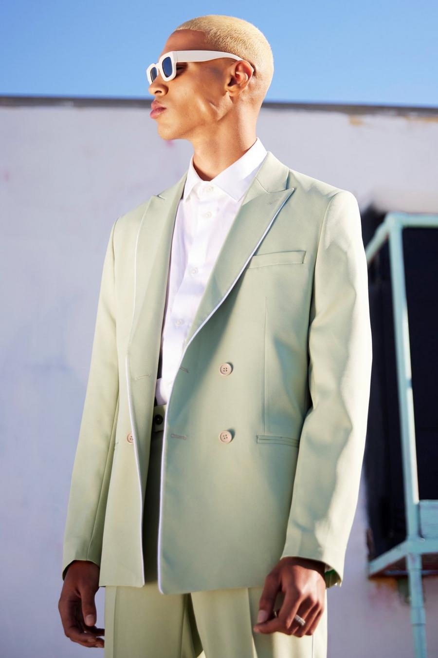 Zweireihige Slim Anzugjacke mit Paspeln, Sage green