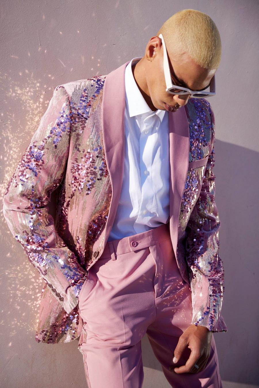 Pink Single Breasted Skinny Shawl Sequin Jacket
