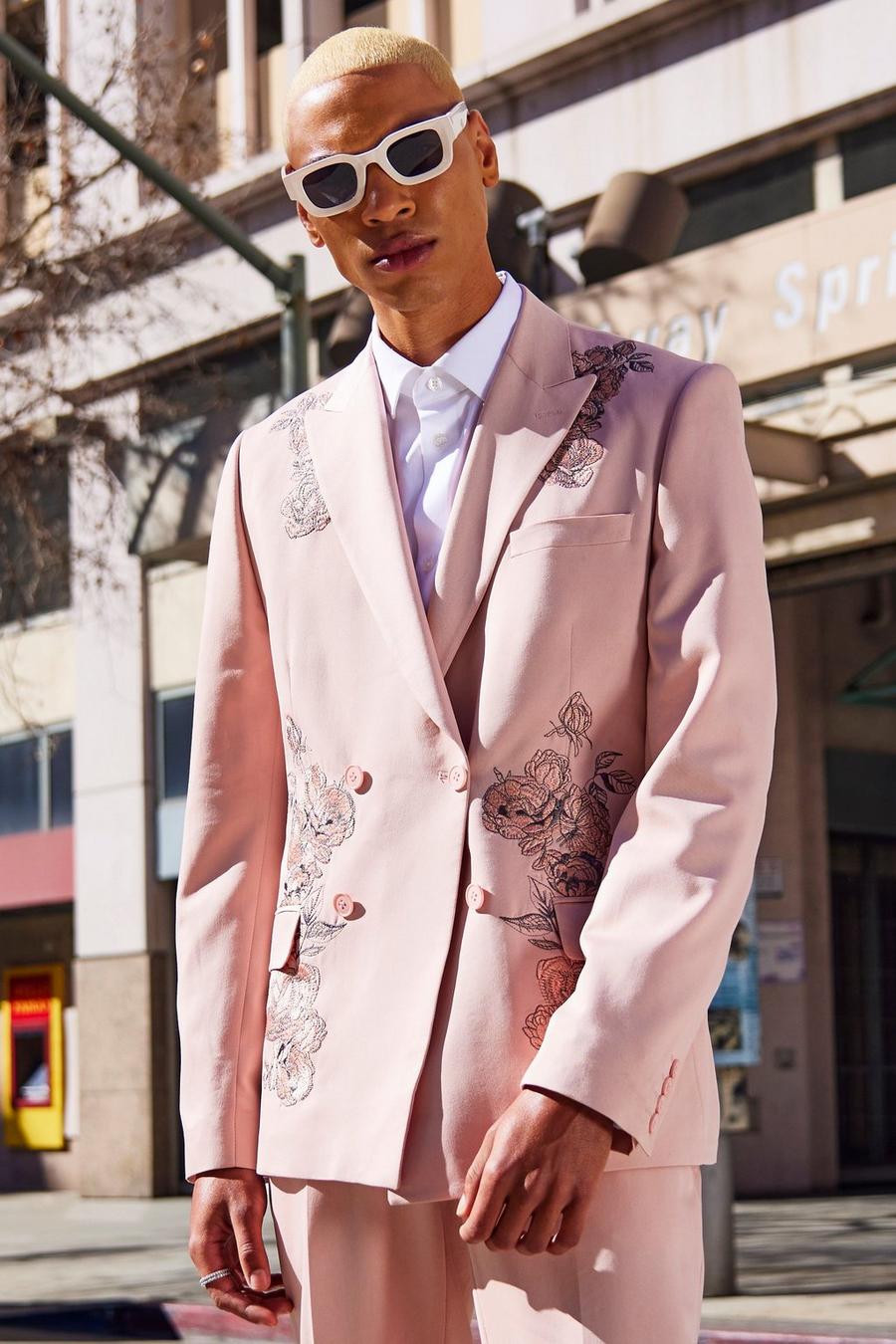 Pink Double Breasted Slim Embroidered Floral Jacket