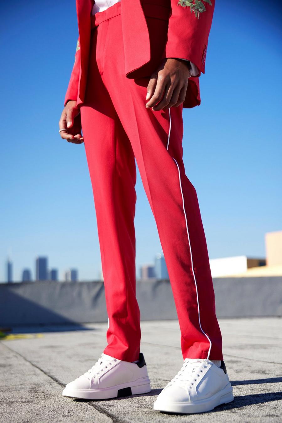 Red Skinny Floral Pipe Suit Trousers image number 1