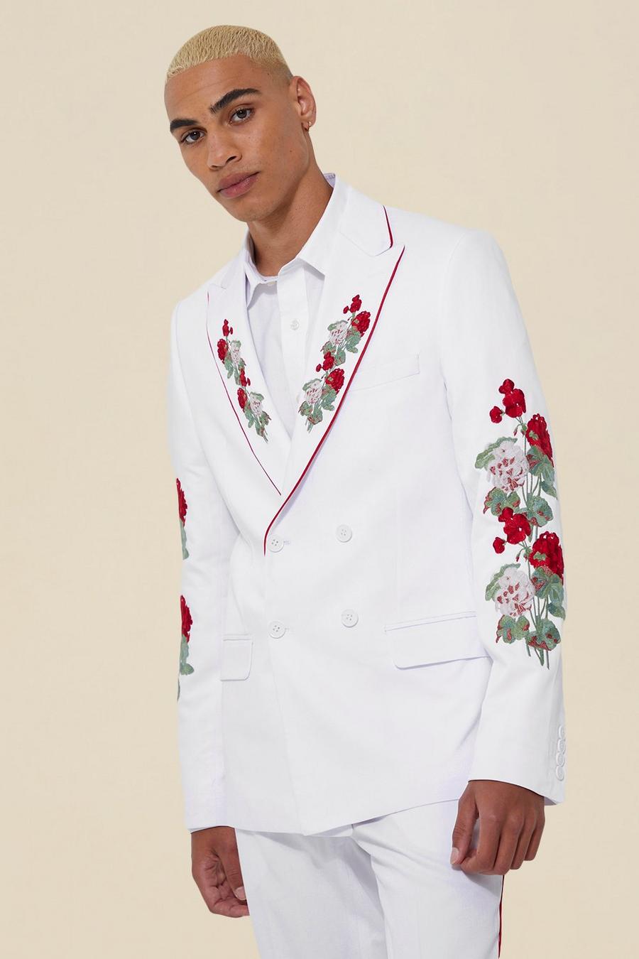 White Double Breasted Skinny Floral Pipe Suit Jacket image number 1