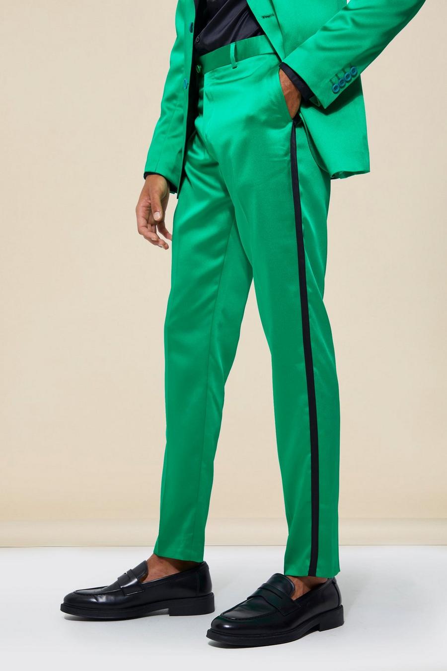 Green grön Skinny Satin Side Tape Suit Trousers image number 1
