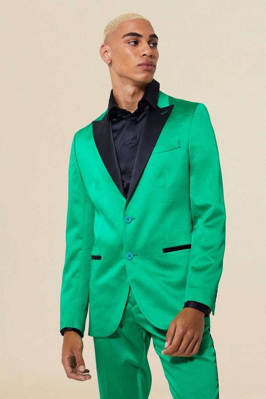 Green Single Breasted Skinny Satin Suit Jacket