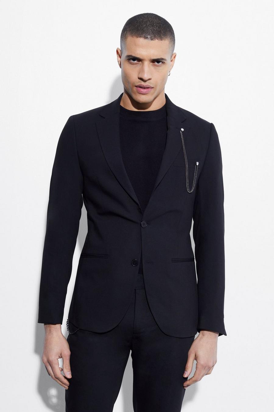 Black Single Breasted  Skinny Chain Suit Jacket image number 1