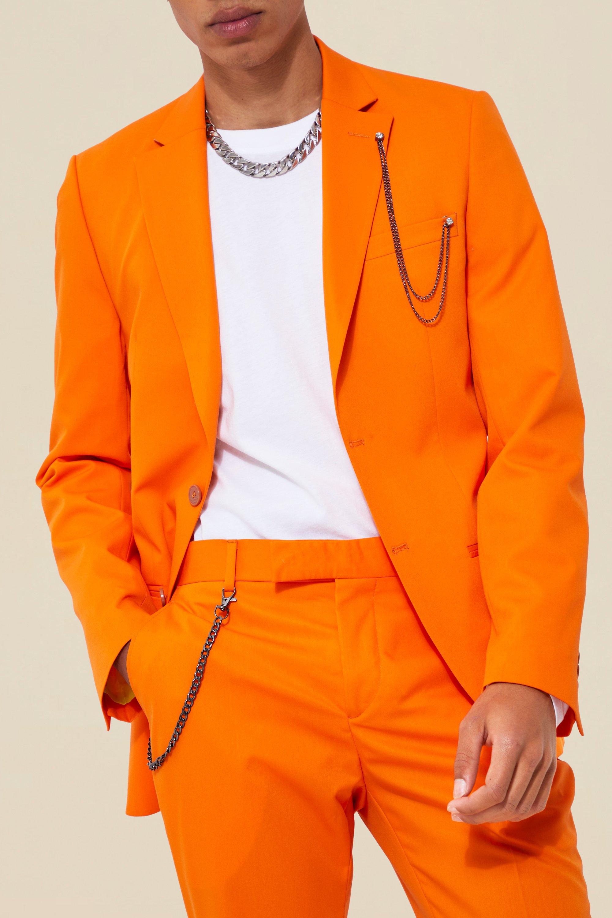 Mens Clothing Jackets Blazers BoohooMAN Synthetic Single Breasted Super Skinny Chain Suit Jacket in Orange for Men 