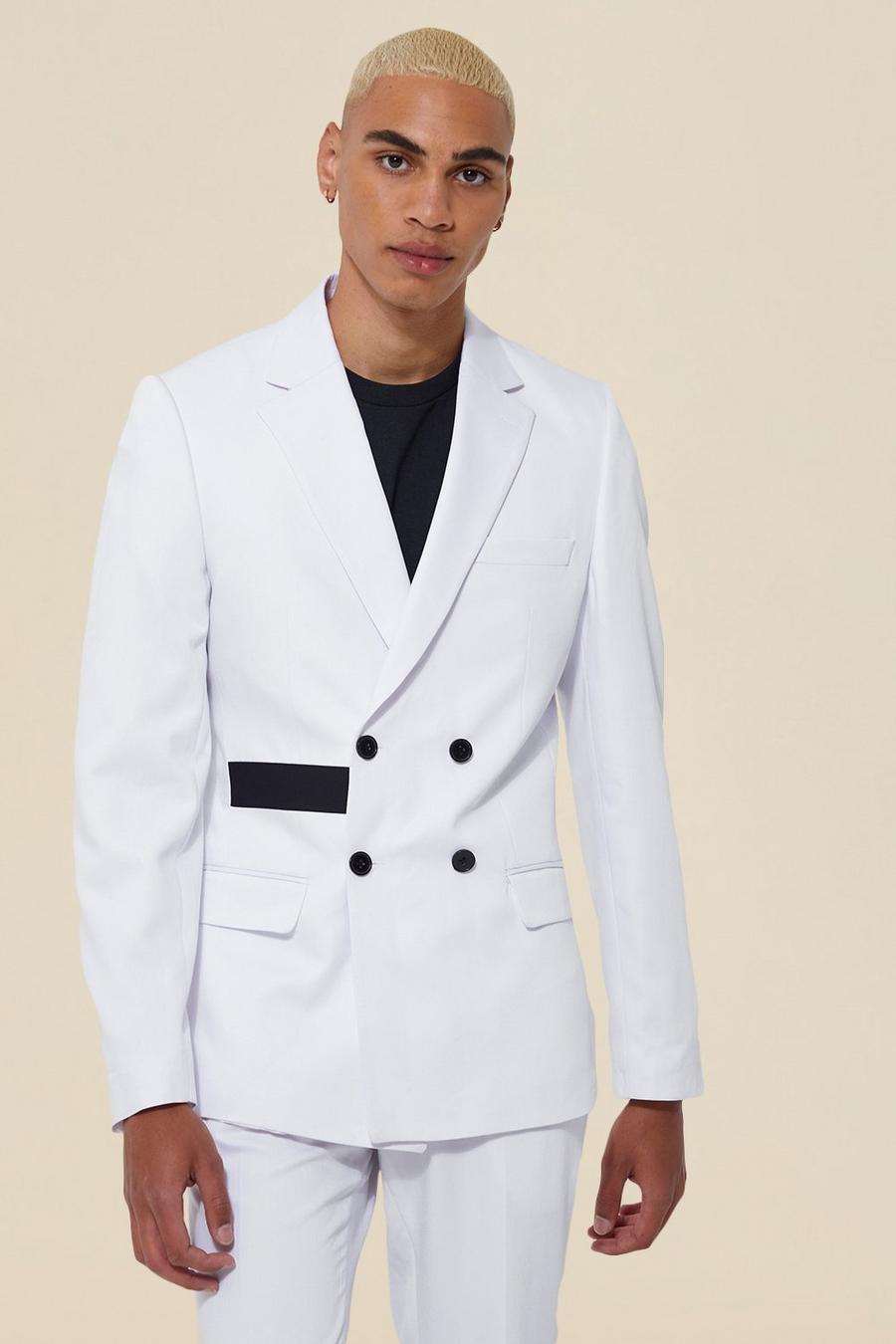 White blanc Double Breasted Skinny Belt Suit Jacket