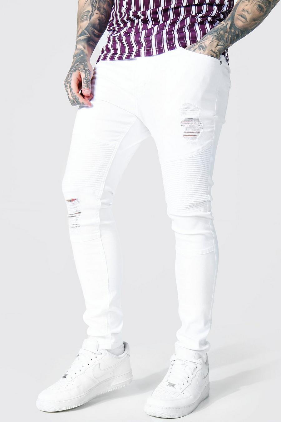 Jeans stile Biker Super Skinny Fit con strappi, White bianco