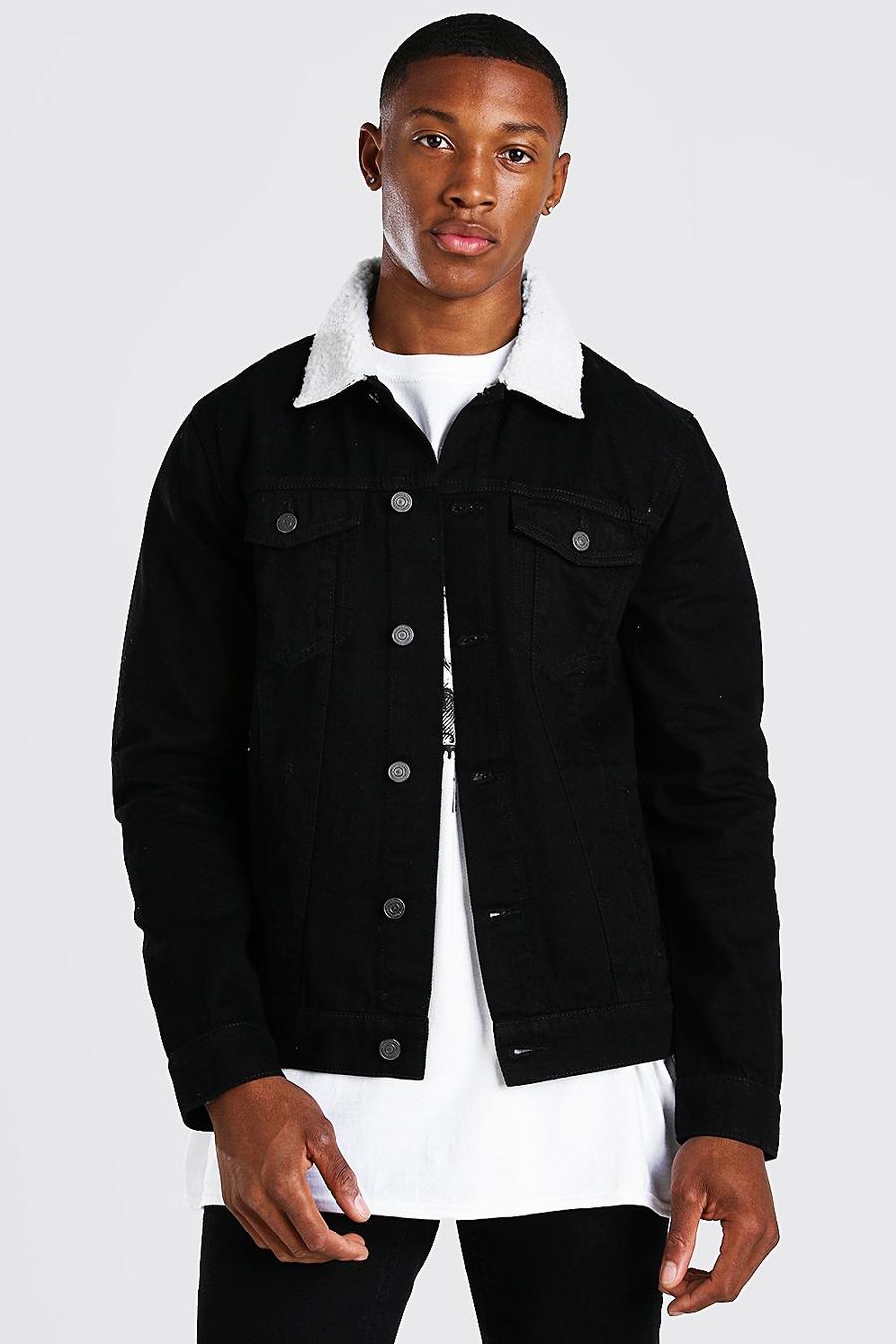 Black svart Regular Denim Jacket With White Borg Collar