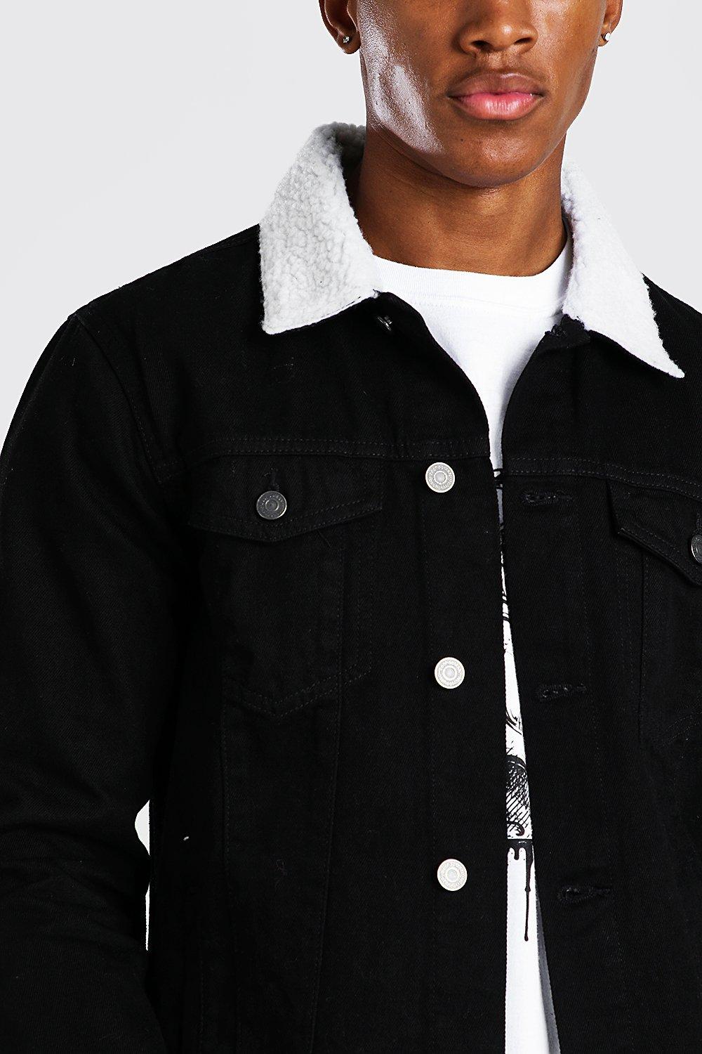 Mens black denim jacket 2025 with white fur collar