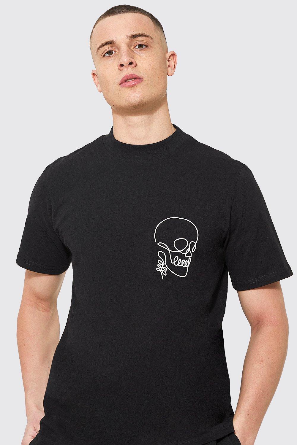 T shirt con ricamo di teschio e girocollo esteso boohoo IT