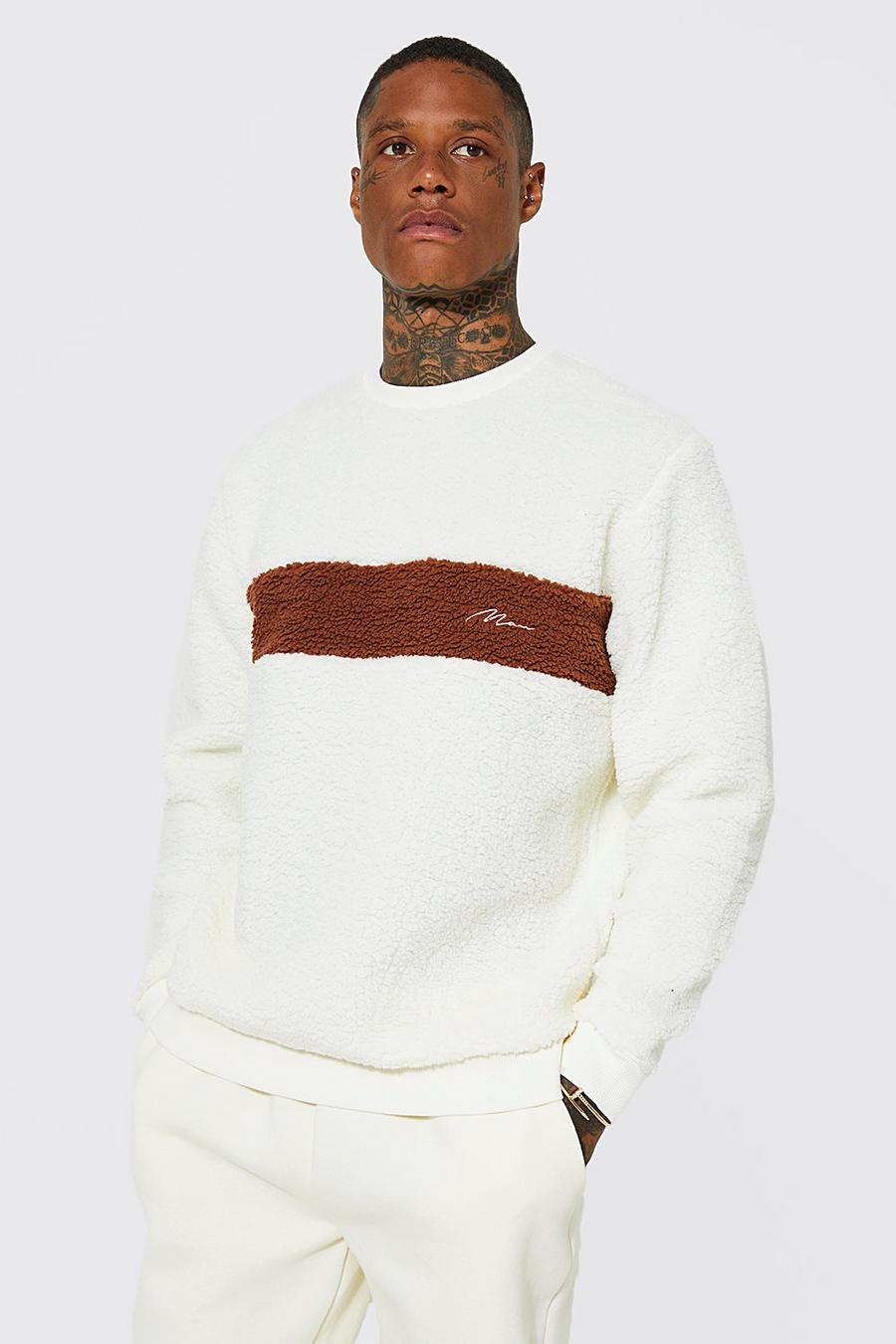 Man Signature Borg Colorblock Sweatshirt, Ecru image number 1
