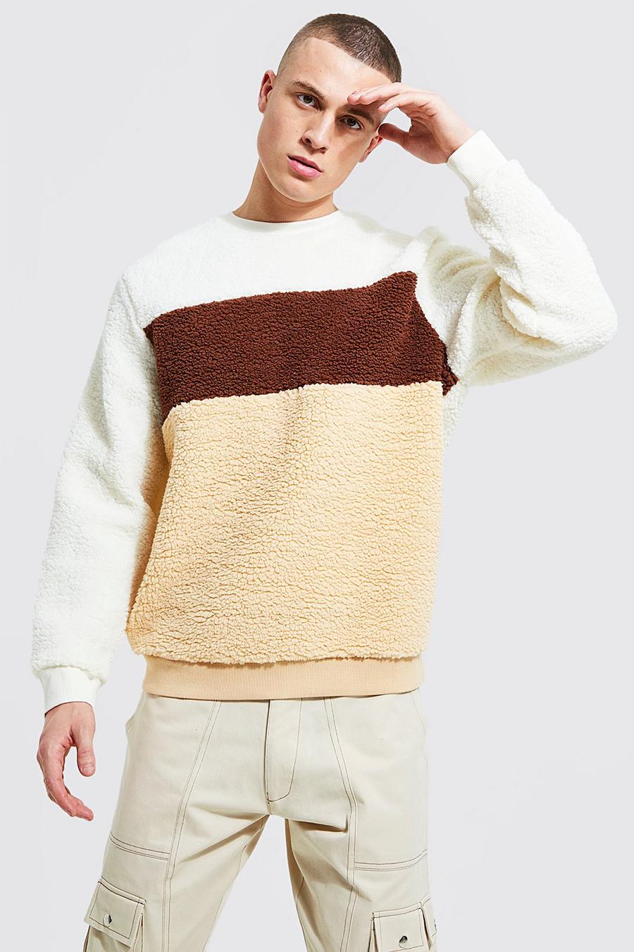Sand beige Borg Colour Block Sweatshirt