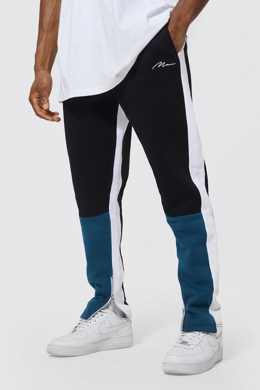 Teal Skinny Fit Man Colour Block Joggers image number 1