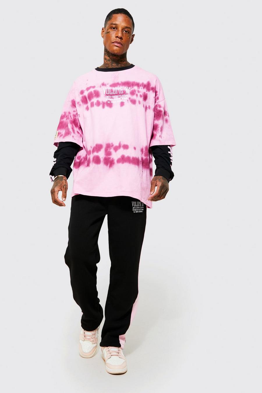Pink rosa Tie Dye Faux Layer T-shirt & Jogger Set image number 1