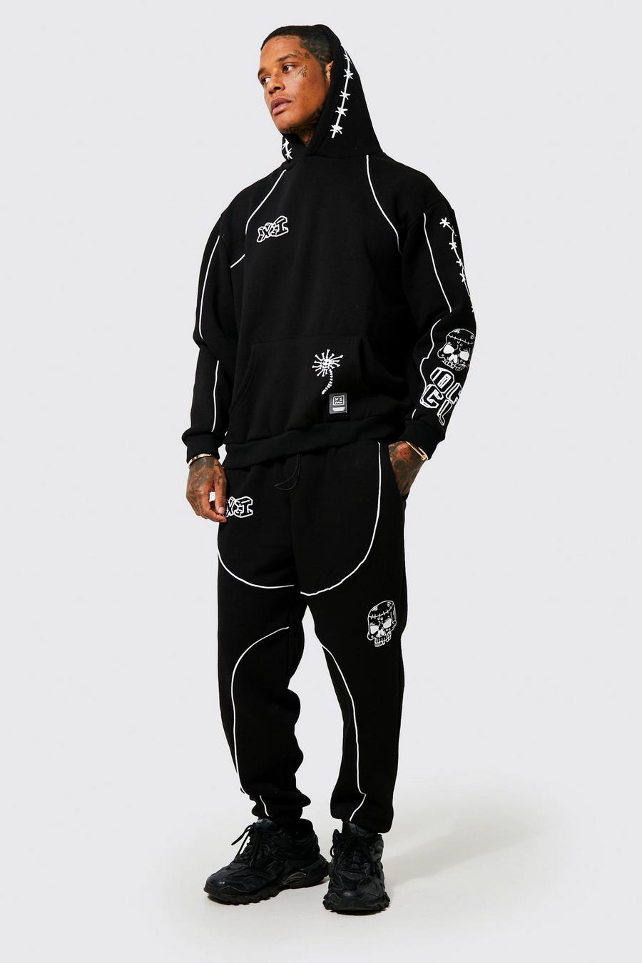 Black Oversized Graffiti Tracksuit With Piping image number 1