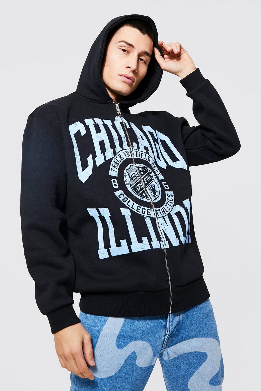 Black Oversized Chicago Zip Through Hoodie