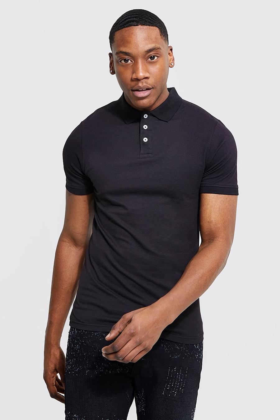 Black Muscle Fit Short Sleeve Polo