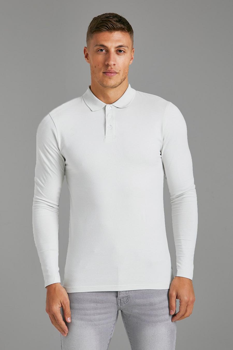 Grey Muscle Fit Long Sleeve Polo image number 1