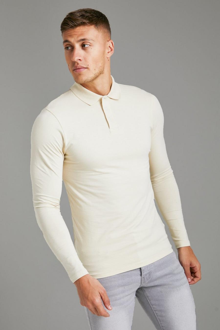 Langärmliges Muscle-Fit Man Poloshirt, Sand image number 1