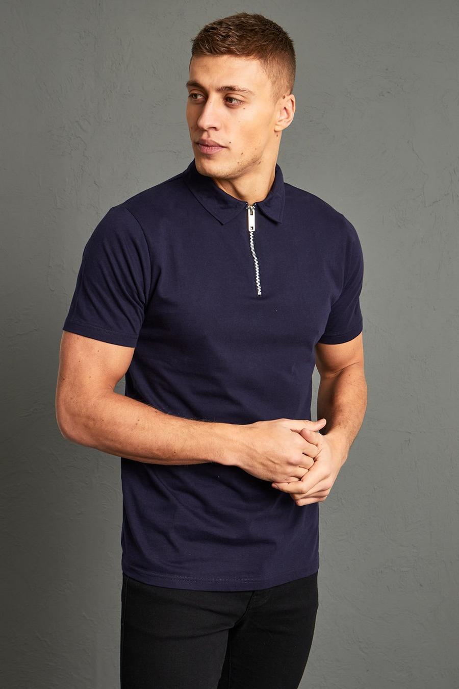 Kurzärmliges Slim-Fit Poloshirt mit Reißverschluss, Navy marineblau