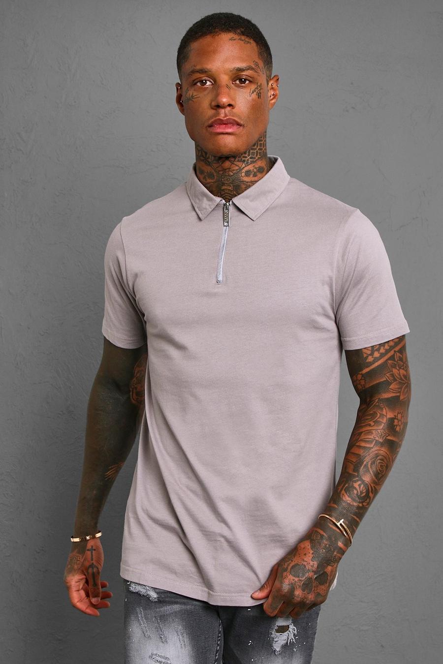 Charcoal grey Slim Fit Short Sleeve Zip Polo