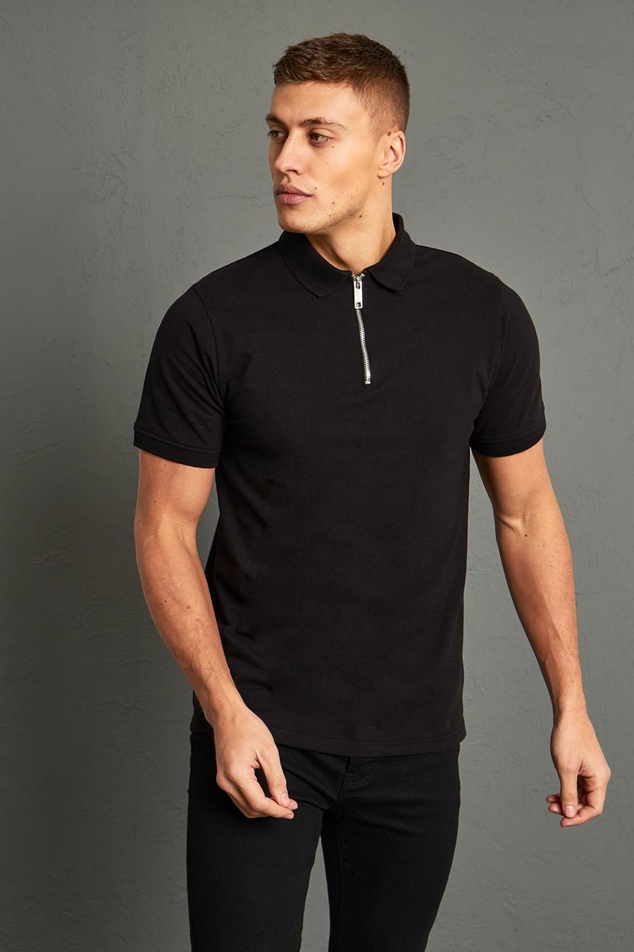 Slim-Fit Pique Poloshirt mit kurzen Ärmeln, Black