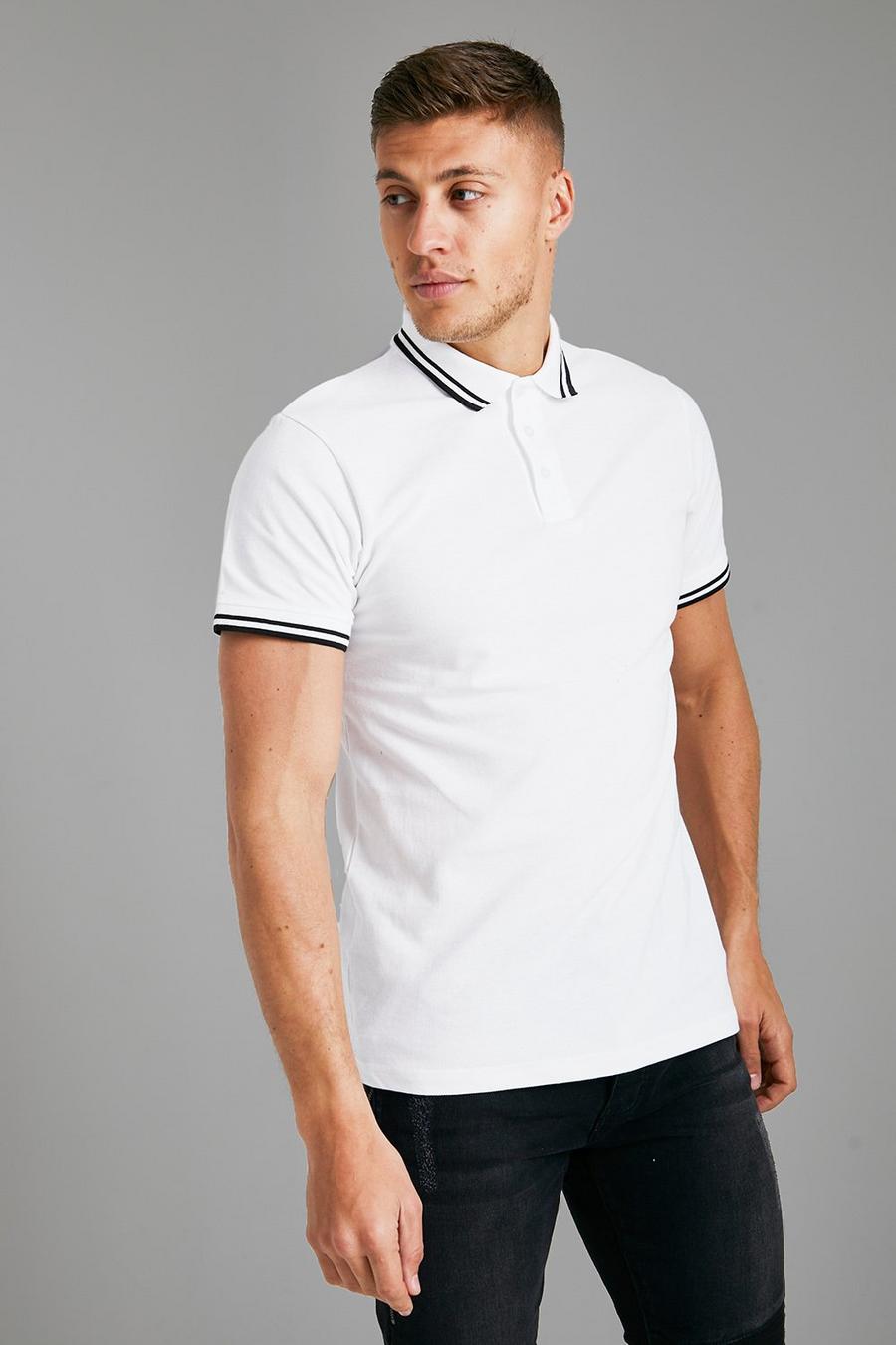 White חולצת פולו פיקה בגזרה צרה עם שרוולים קצרים וקצוות בצבעים שונים image number 1