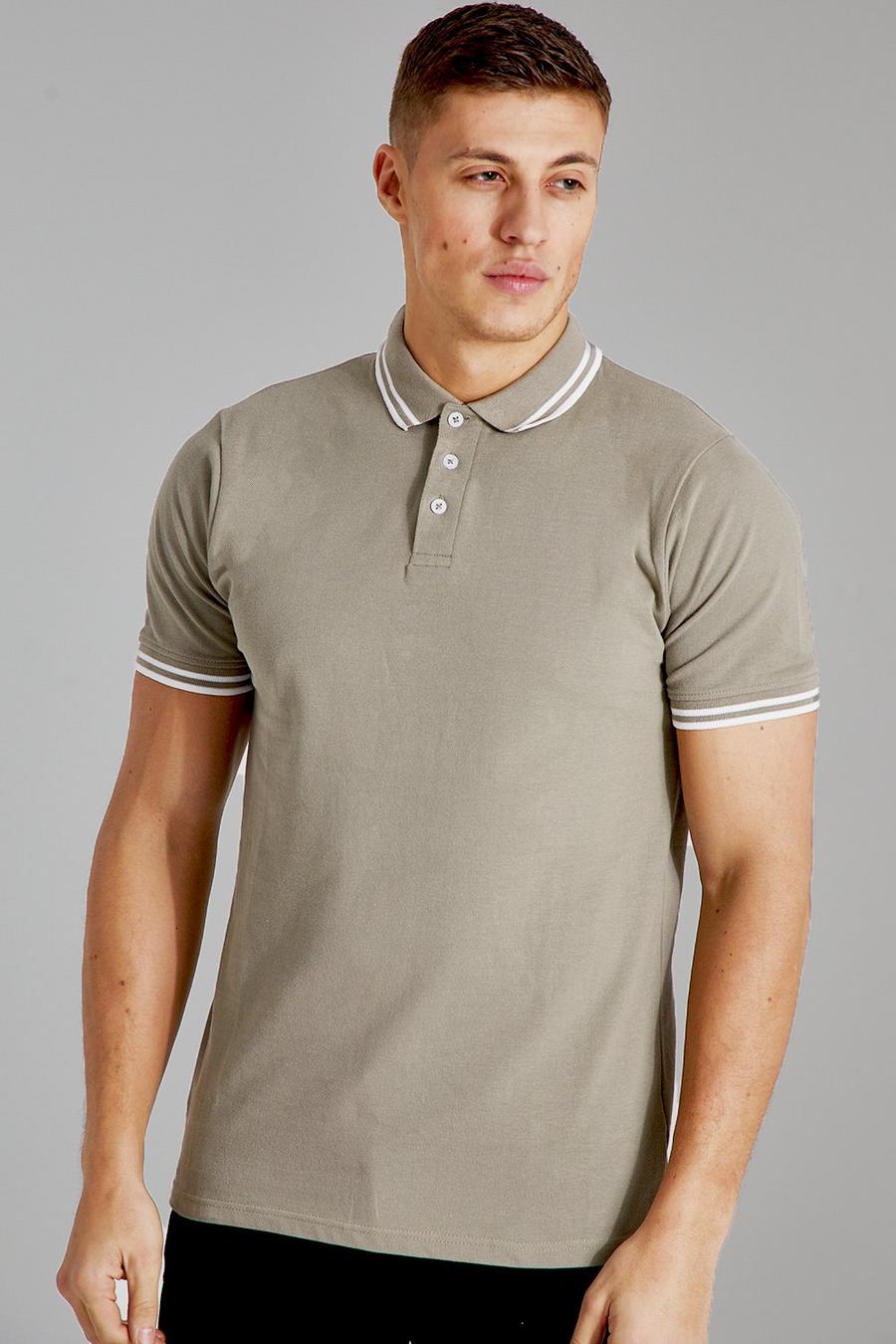Taupe Slim Fit Short Sleeve Tipped Pique Polo image number 1