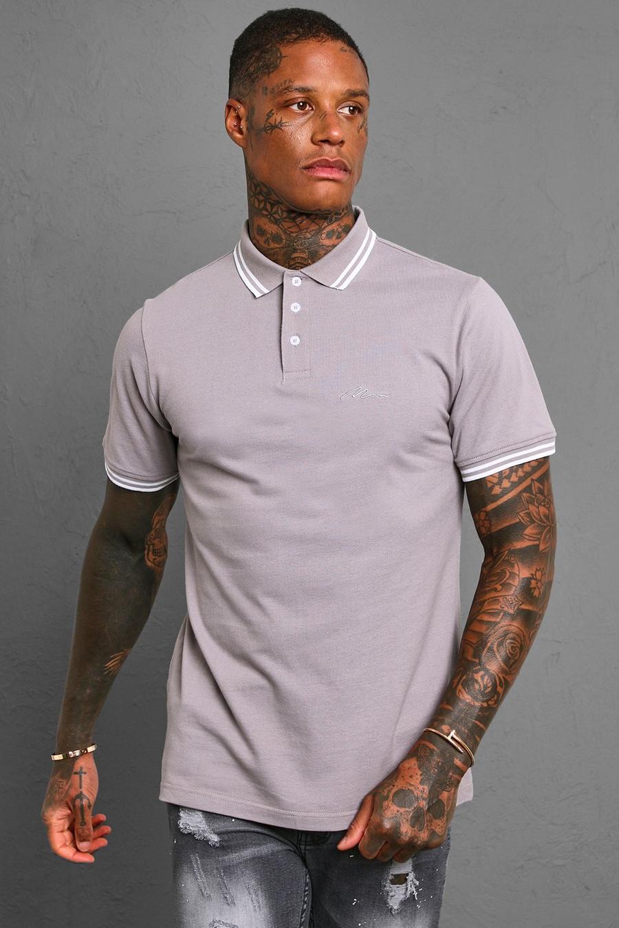 Charcoal grey Slim Fit Man Signature Tipped Pique Polo