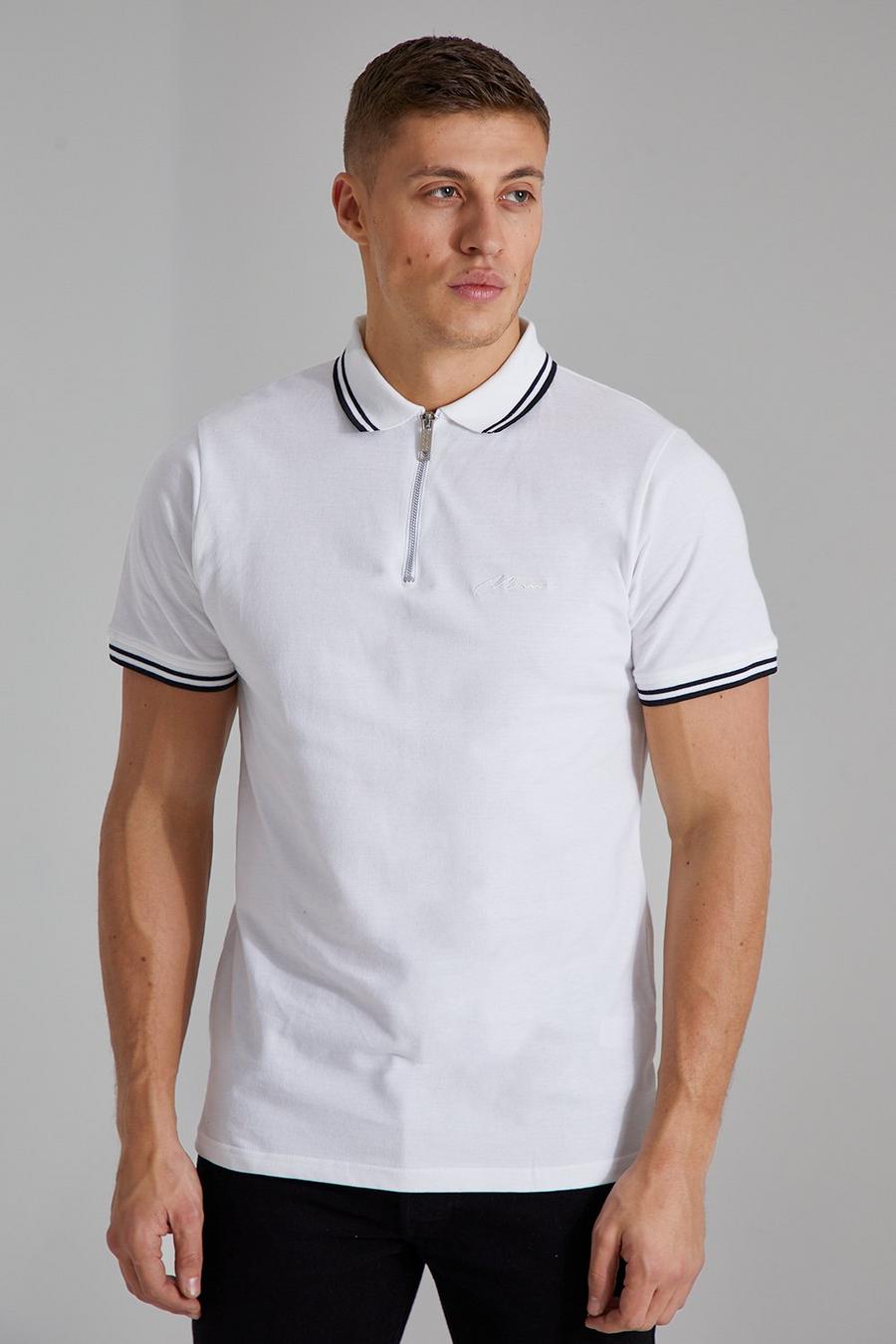 White Slim Fit Man Signature Tipped Zip Pique Polo image number 1