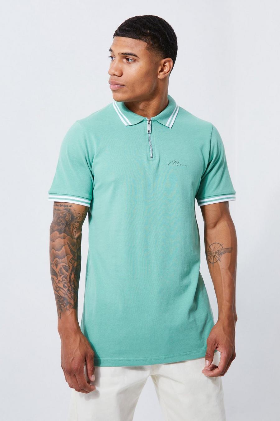Kurzärmliges Slim-Fit Man Signature Pique Poloshirt mit Reißverschluss, Sage image number 1