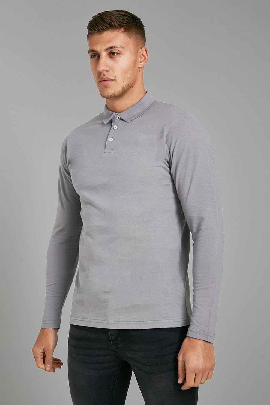 Charcoal gris Slim Fit Long Sleeve Pique Polo