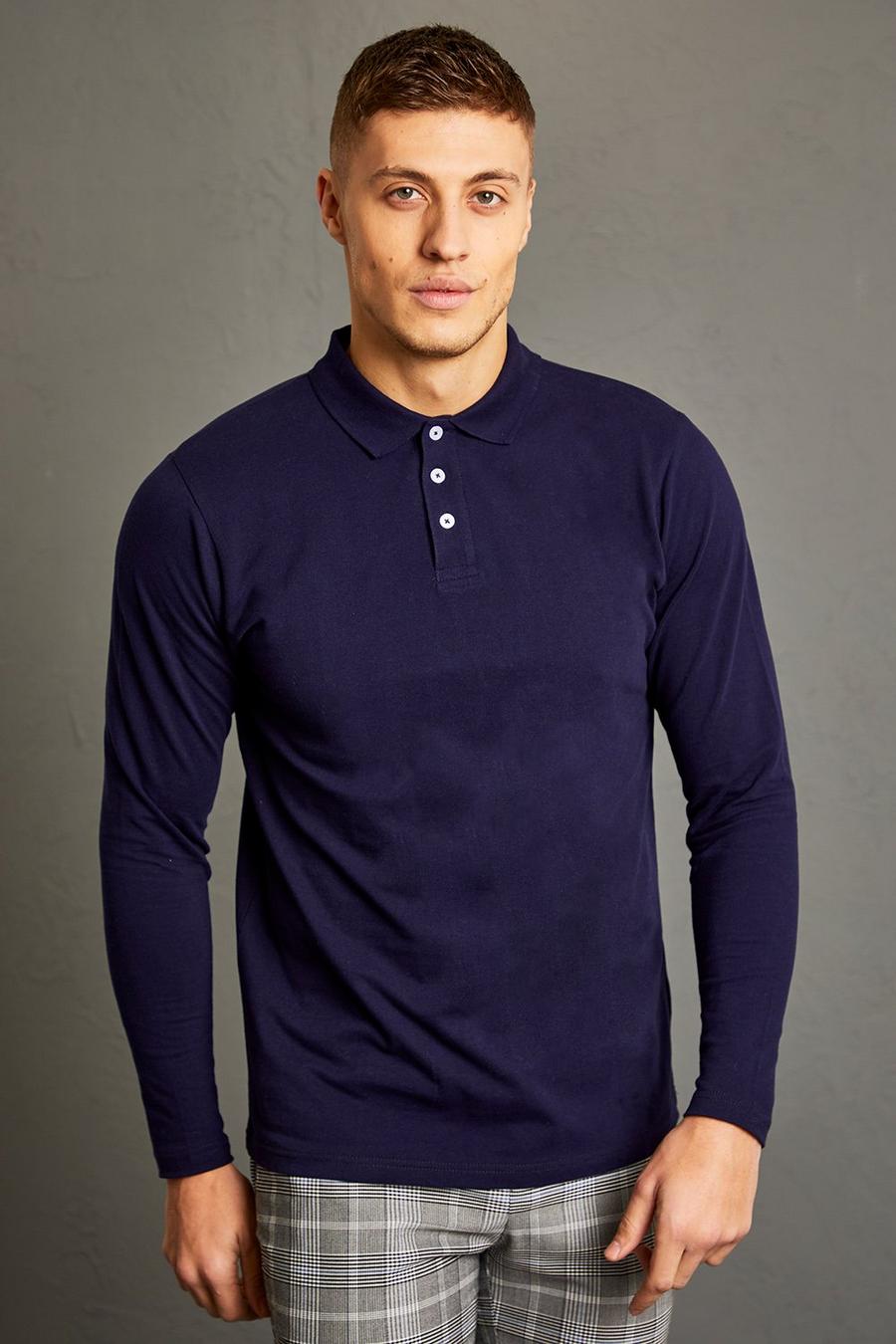 Langärmliges Slim-Fit Pique Poloshirt, Navy image number 1