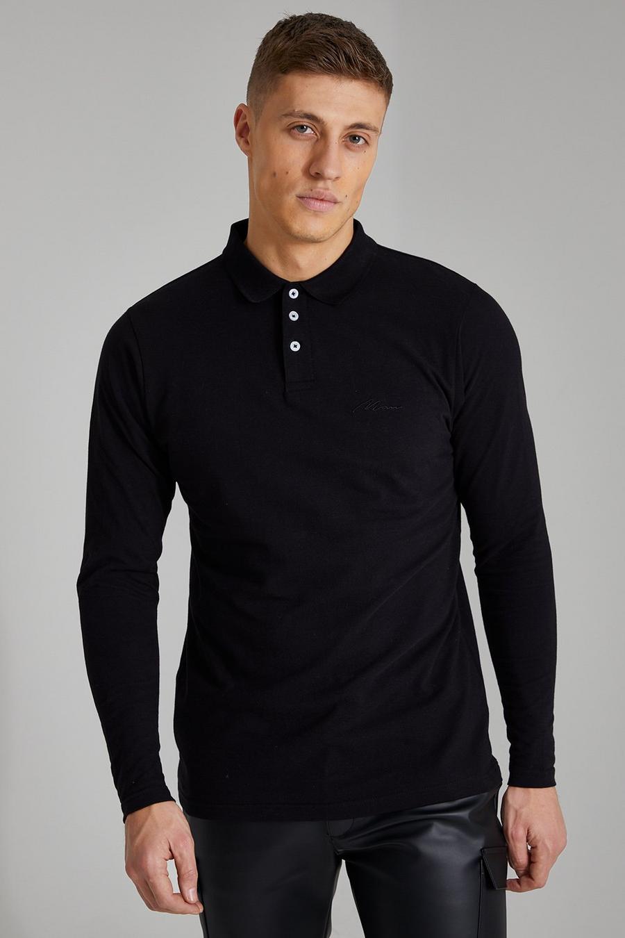 Slim-Fit Man Signature Pique Poloshirt mit langen Ärmeln, Black