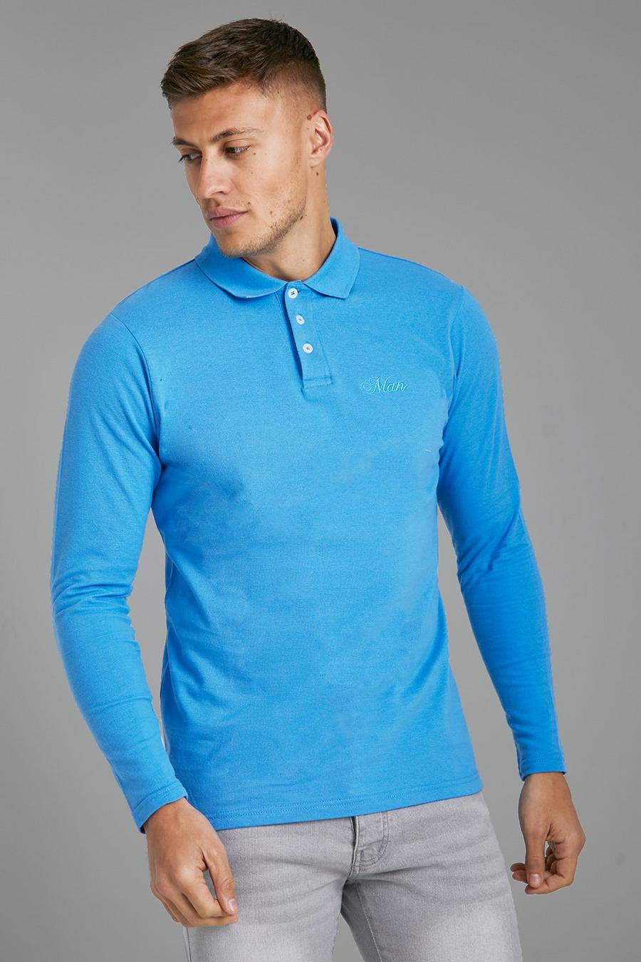Langärmliges Slim-Fit Man Pique Poloshirt, Blue