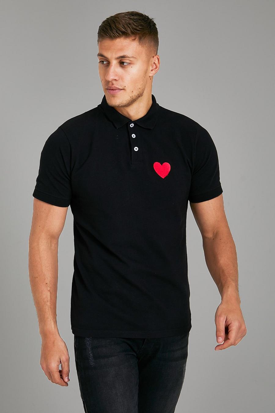 Kurzärmliges Slim-Fit Pique Poloshirt mit Herz, Black